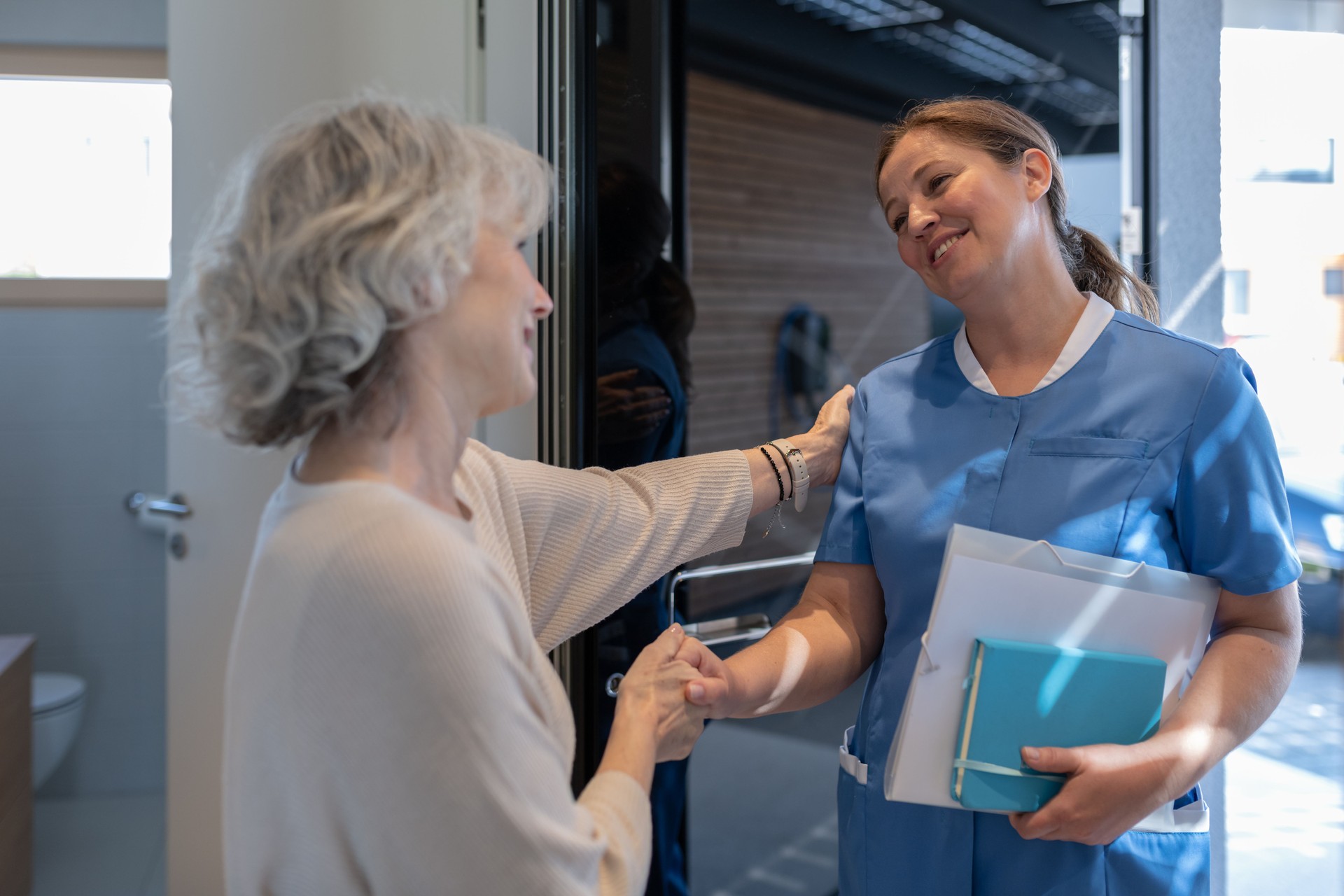 Visit of medical staff in uniform (nurse, doctor) to the patient at home